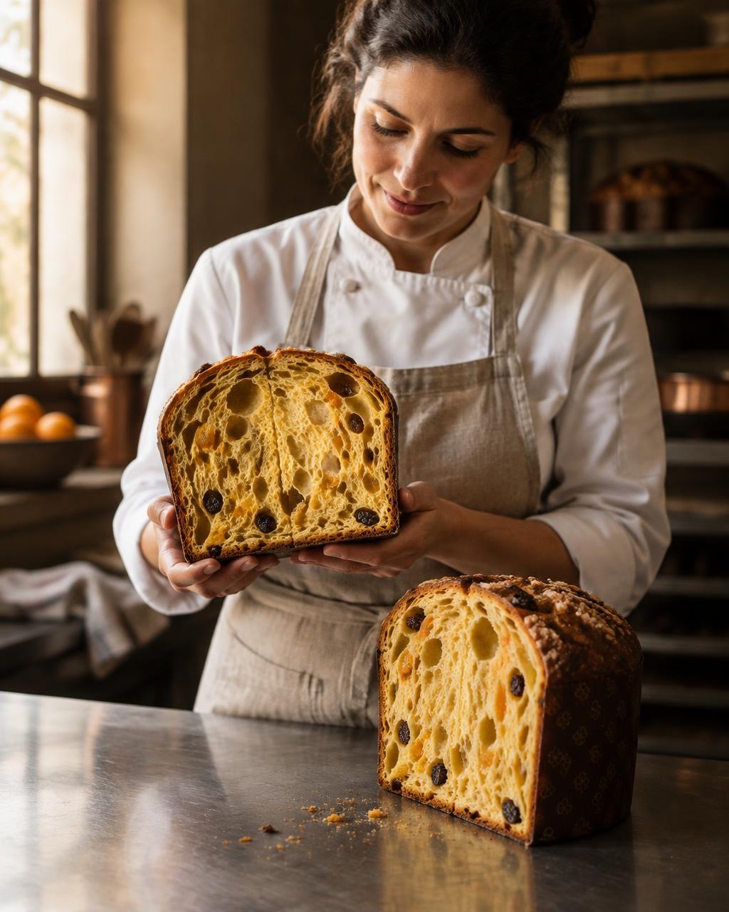 Pasticciera con un panettone artigianale tagliato a metà